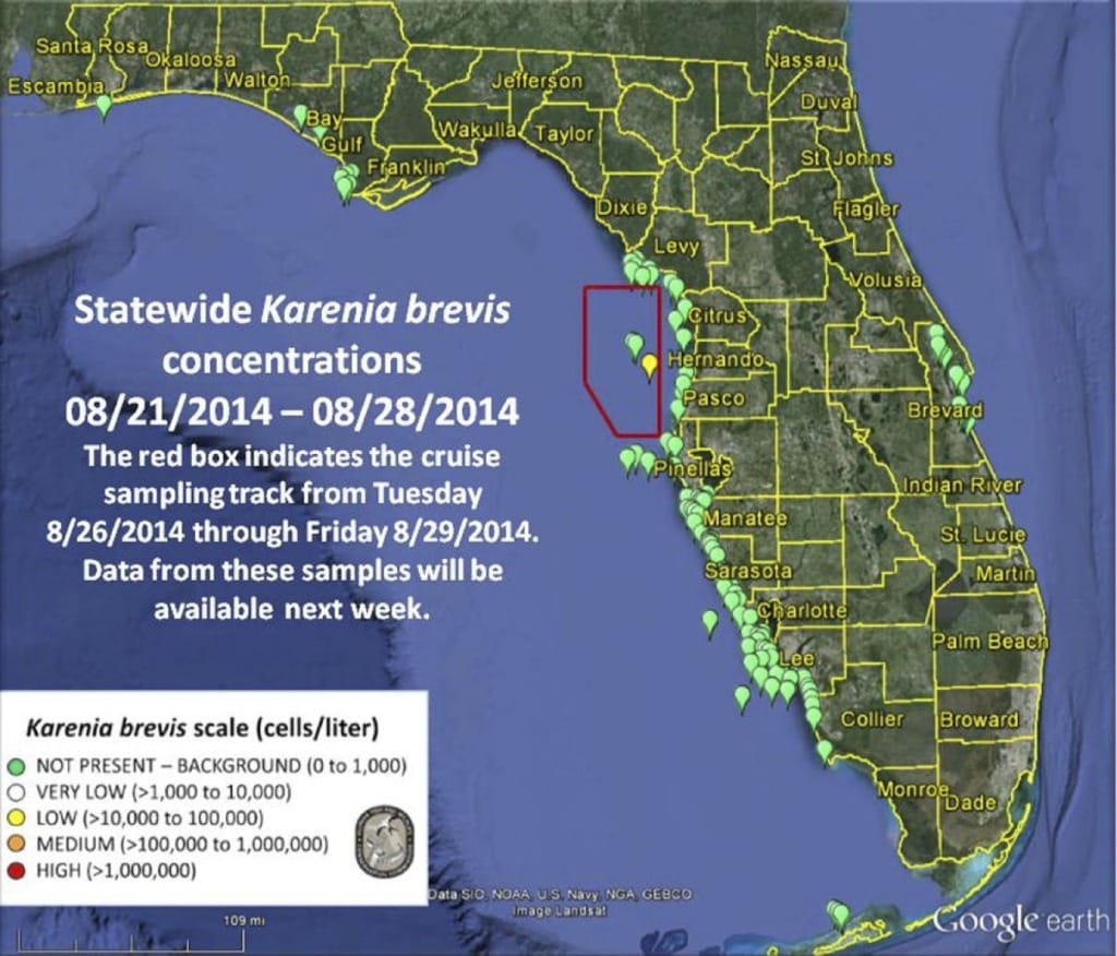 Current Map of Florida Red Tide Counts - Week of August 29, 2014
