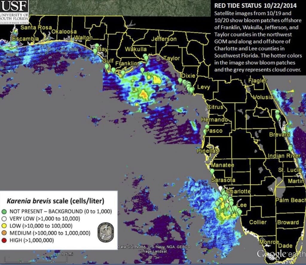 Midweek Sanibel Red Tide Report, Statewide Karenia Brevis Concentrations 10:22:2014, Courtesy Of FWC.