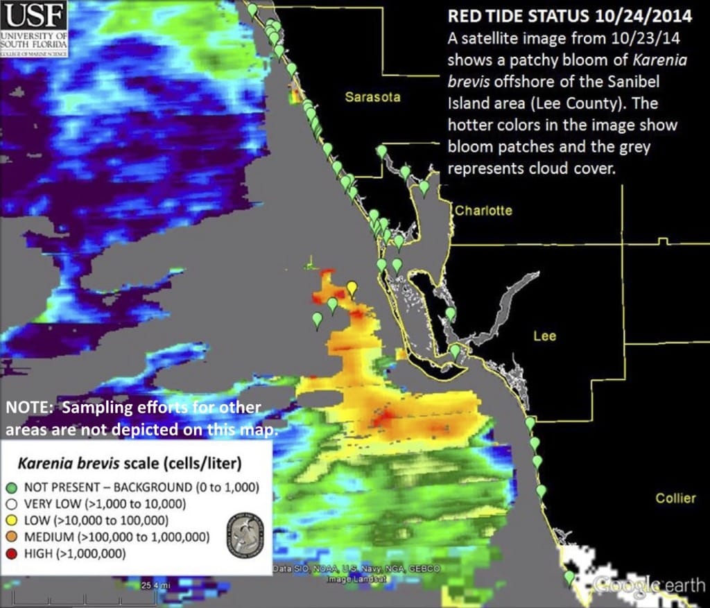 Sanibel Red Tide Status Map (October 24, 2014), Source - FWC.