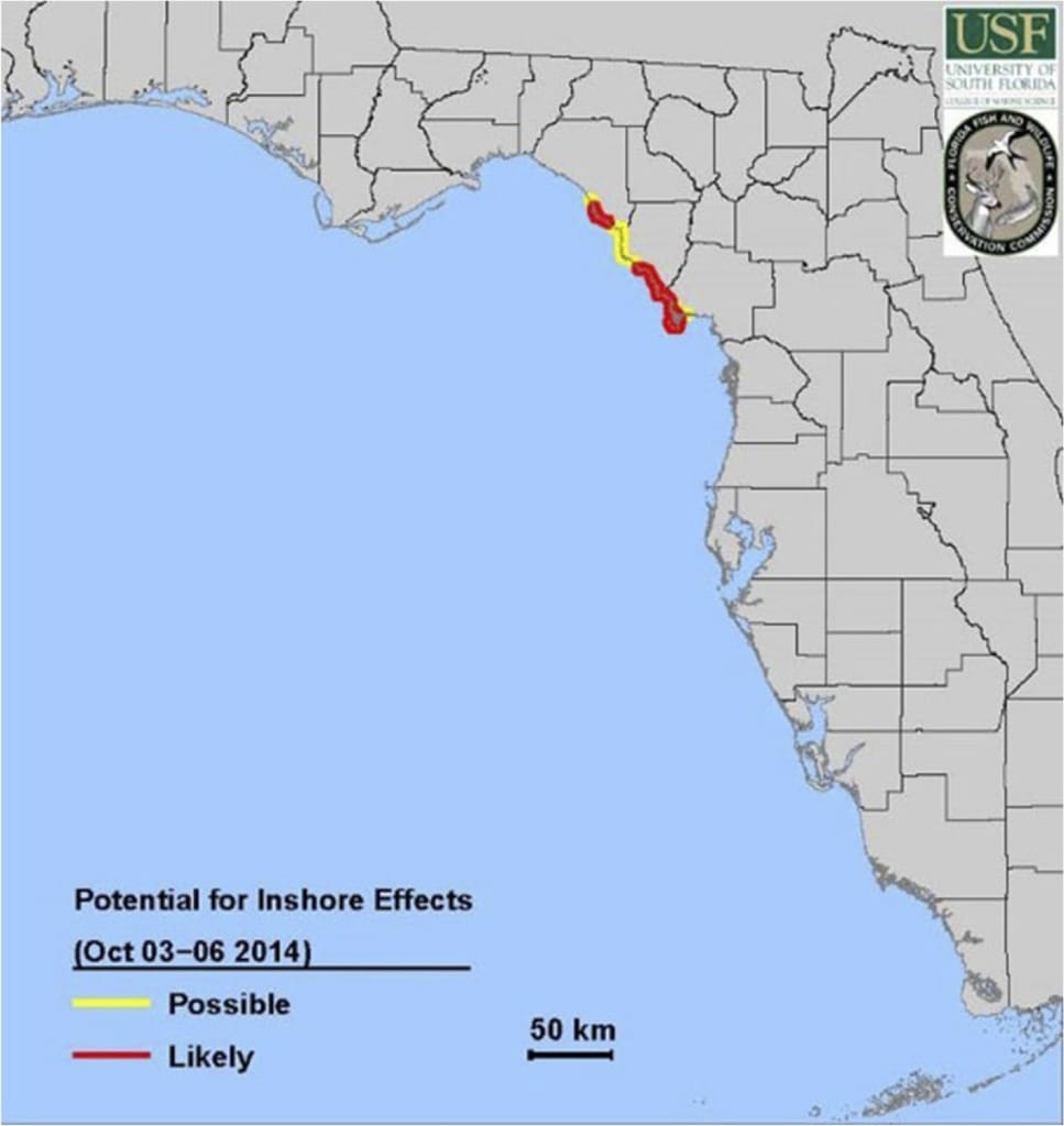 Sanibel Red Tide Update, Statewide Karenia Brevis Potential Inshore Effects 10-3-2014 – 10-06-2014