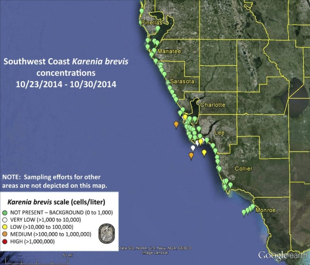 Sanibel Red Tide Concentrations, 10-23-14 ~ 10-30-14.