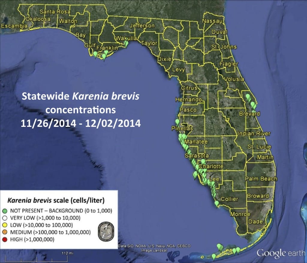 Sanibel, Statewide Red Tide Karenia Brevis Concentrations 11:26:2014 - 12:02:2014, Courtesy Of FWC.