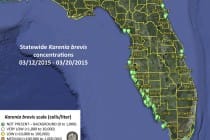 Sanibel Red Tide Report, Statewide Status, Karenia Brevis Concentrations 03-12-2015 - 03-20-2015.