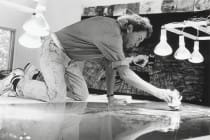 Rauschenberg working on a metal painting in his Laika Lane studio, Captiva, Florida, 1989. Photo- © Gianfranco Gorgoni.