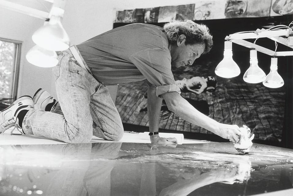 Rauschenberg working on a metal painting in his Laika Lane studio, Captiva, Florida, 1989. Photo- © Gianfranco Gorgoni.