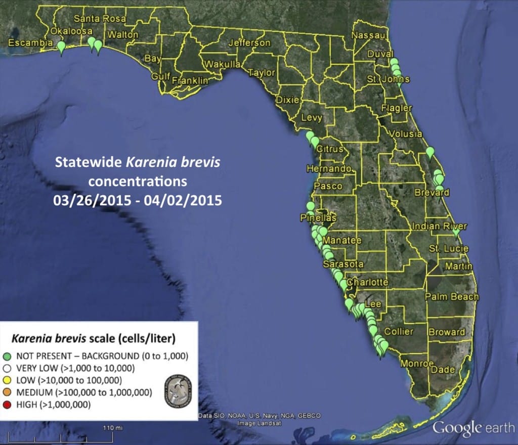 Sanibel Rentals, Red Tide Update, 4-3-15, Statewide Karenia Brevis Concentrations 03:26:2015 - 04:02:2015.