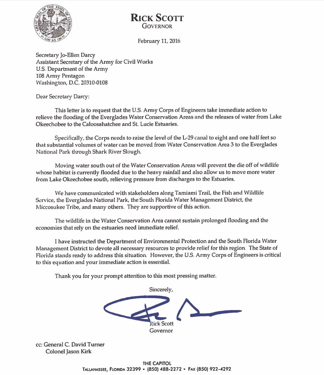 Governor Scott Calls On U.S. Army Corps Of Engineers For Immediate Lake Okeechobee Action.