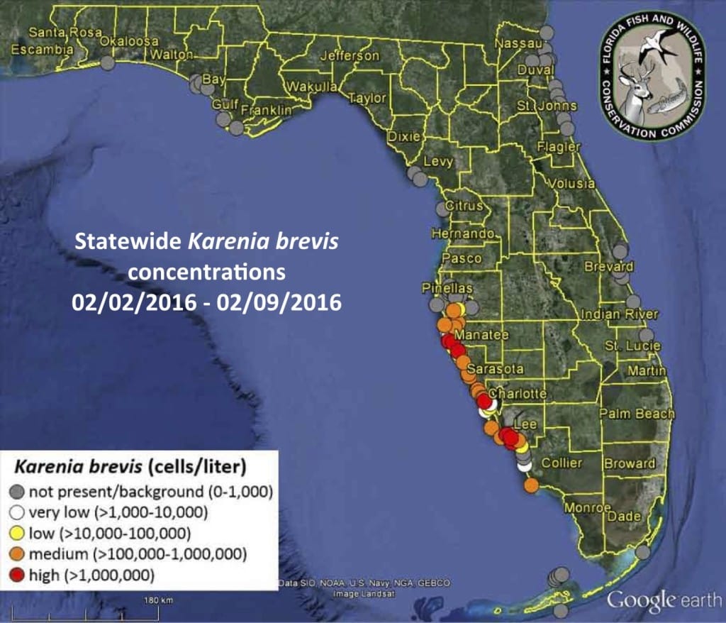 Sanibel, Florida Red Tide Status Map, 2-10-16, Courtesy Of FWC, Florida Red Tide Report.