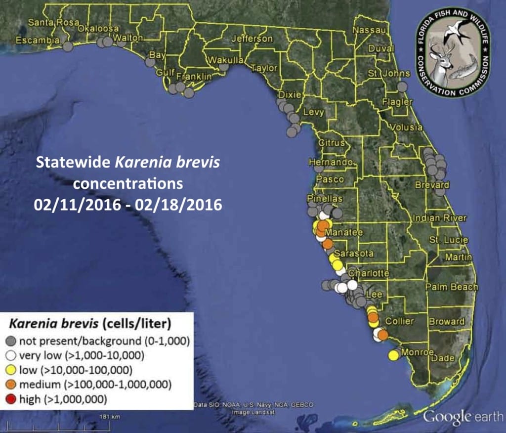 Sanibel, Florida Red Tide Status Map, 2-19-16, Courtesy Of FWC, Florida Red Tide Report.