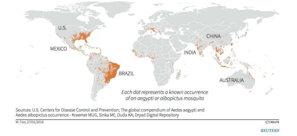 Zika Virus Not Expected To Impact Sanibel, Florida. Map Of Where The Aedes Aegypti And Another Virus-Carrying Mosquito, Aedes Albopictus, Live. Sources: US Centers For Disease Control & Prevention, Reuters and Business Insider, 2-4-16.