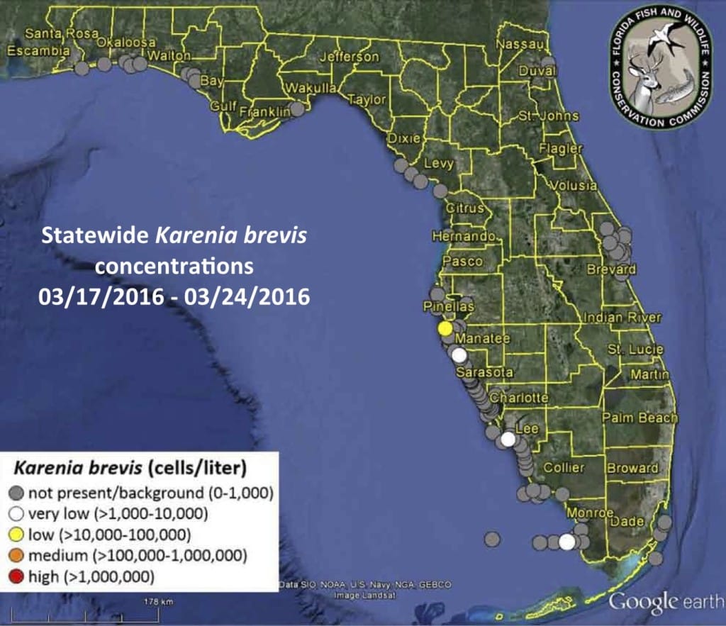 Sanibel, Florida Red Tide Status Map, 3-25-16, Courtesy Of FWC, Florida Red Tide Report.