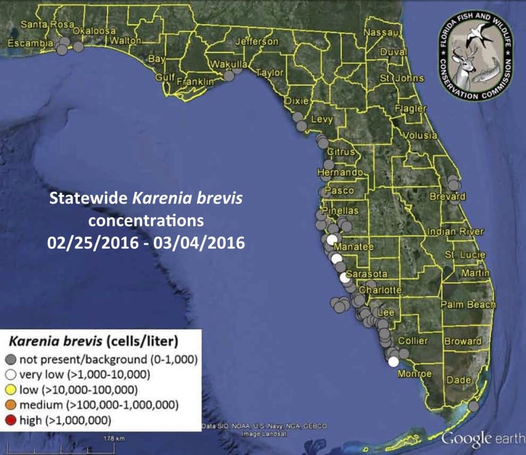 Sanibel, Florida Red Tide Status Map, 3-4-16, Courtesy Of FWC, Florida Red Tide Report.