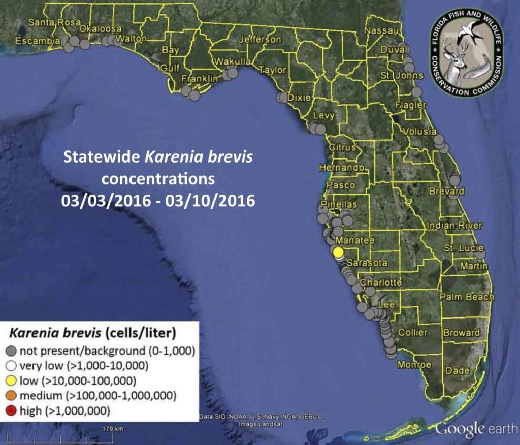 Sanibel, Florida Red Tide Status Map, 3-11-16, Courtesy Of FWC, Florida Red Tide Report.
