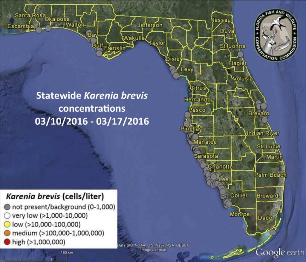 Sanibel, Florida Red Tide Status Map, 3-18-16, Courtesy Of FWC, Florida Red Tide Report.