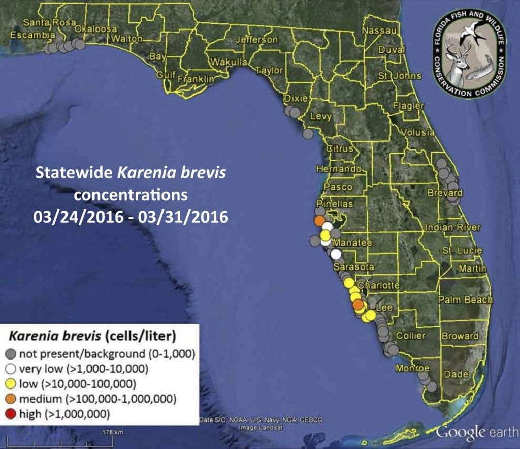 Sanibel, Florida Red Tide Status Map, 4-1-16, Courtesy Of FWC, Florida Red Tide Report.