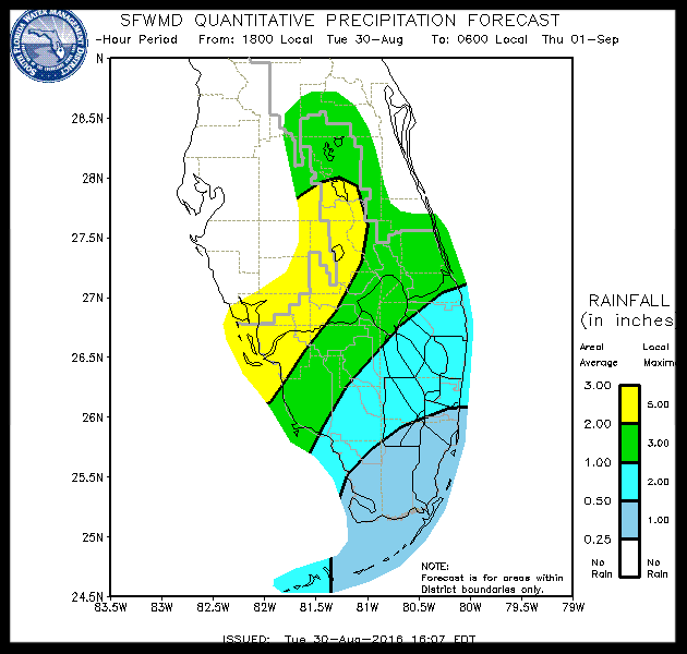 Approximately two to three inches of rain are forecast from Tropical Depression Nine over the next 36 hours.