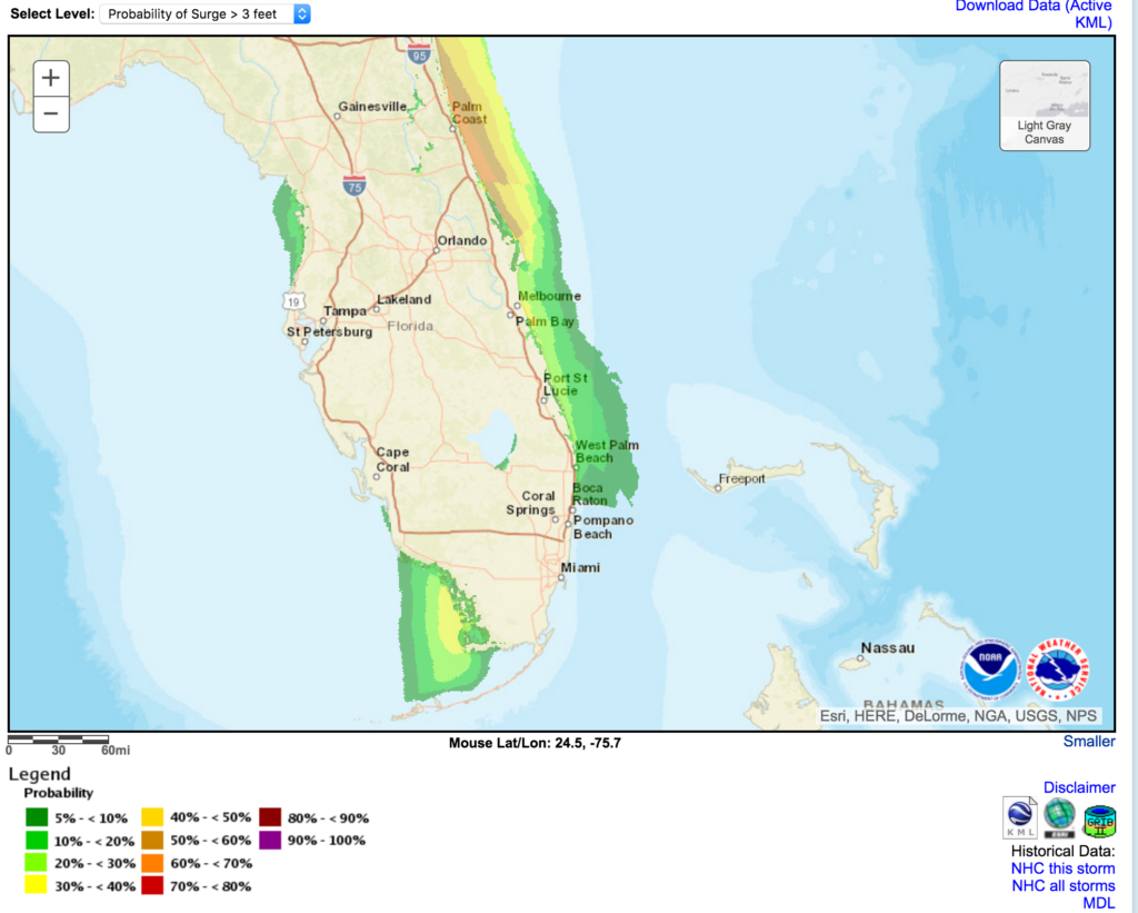 Hurricane Matthew, Surge Probabilities. Chance of Storm Surge >= 3 feet Hurricane Matthew (2016) For the 77 hours from 11 AM EDT Tue Oct 04 to 04 PM EDT Fri Oct 07.